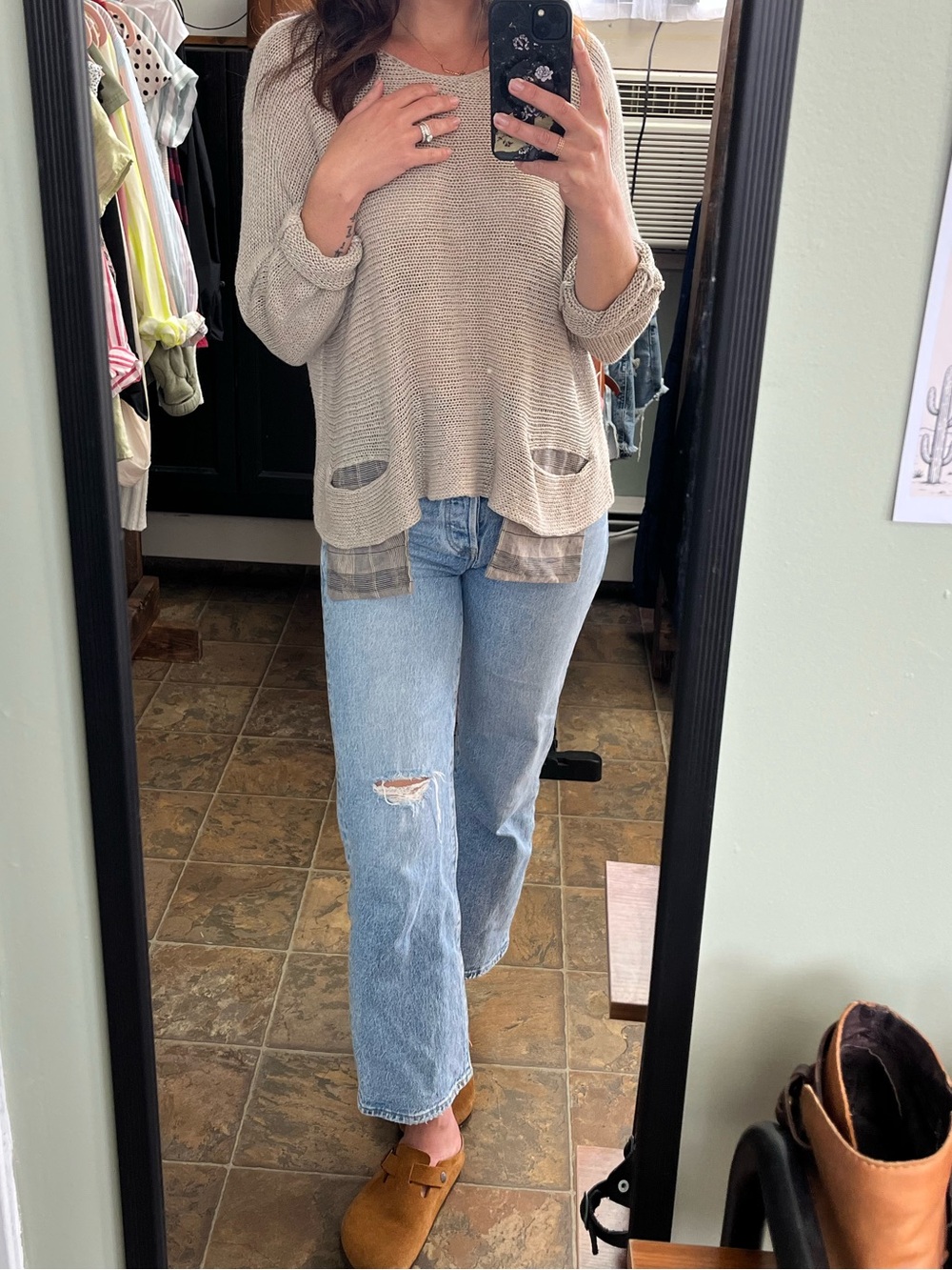 Grizas Taupe Open-Knit Crewneck Sweater